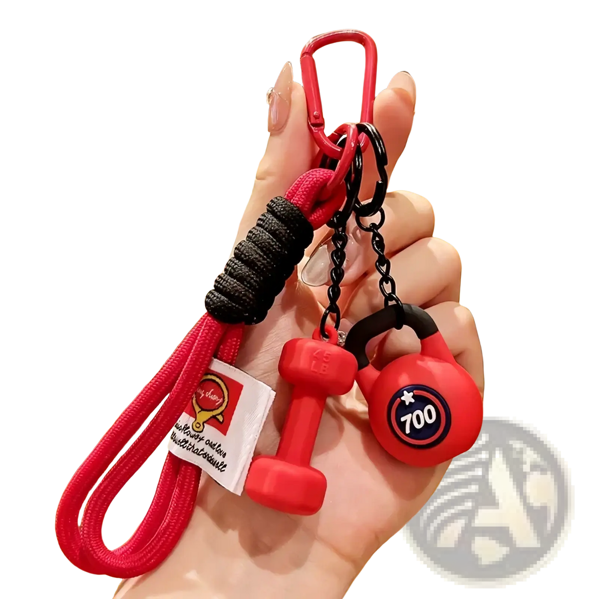 Fitness keychain dumbbell gym bag charm featuring red silicone dumbbell and kettlebell with black paracord wrap