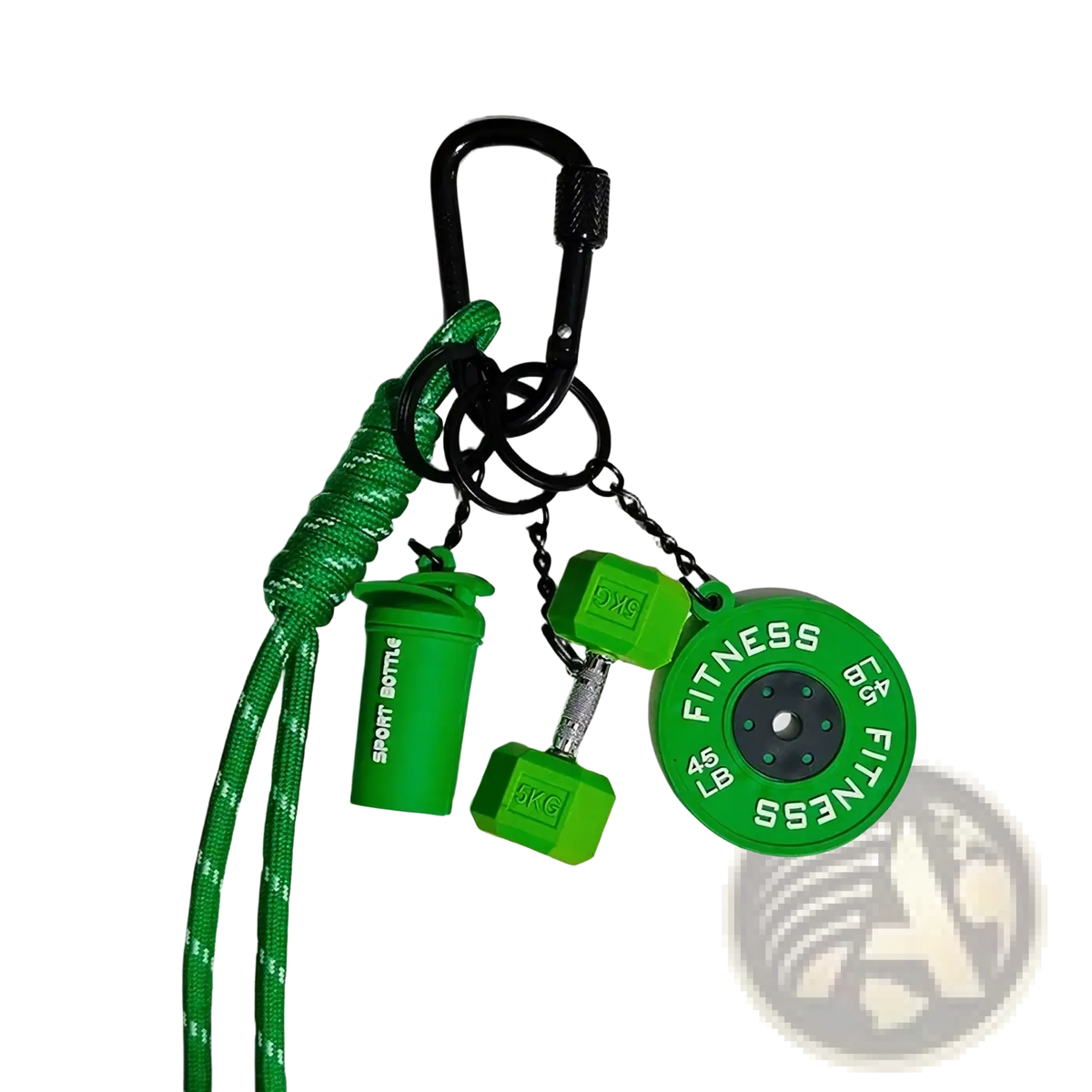 Green fitness keychain with carabiner, braided cord, dumbbell and shaker bottle charms for gym bag use