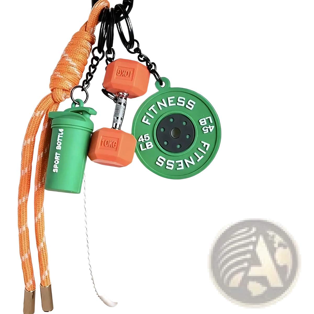 Fitness keychain dumbbell gym bag charm with green and orange rubber weight plate miniature dumbbells and shaker bottle