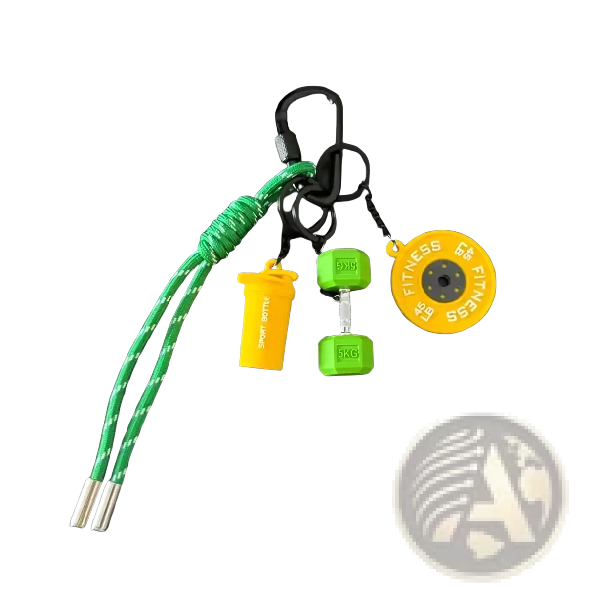 Green and yellow fitness keychain with braided cord, miniature dumbbell, water bottle, and weight plate charm
