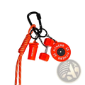 Bright orange silicone fitness keychain featuring dumbbell weight plate and shaker bottle gym bag charms