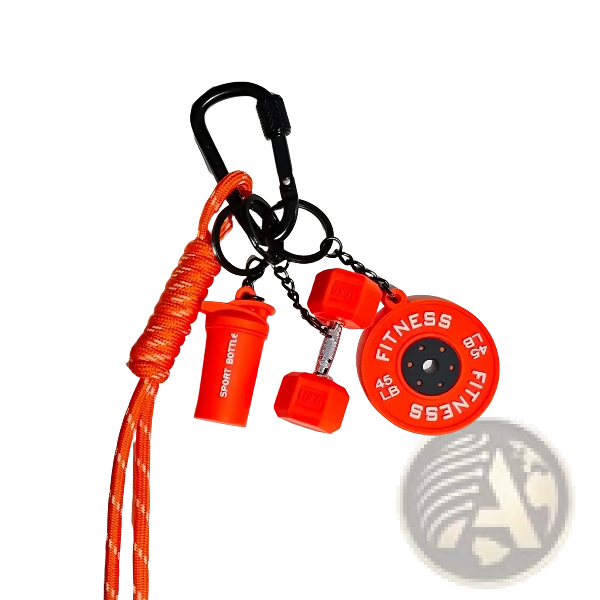 Bright orange silicone fitness keychain featuring dumbbell weight plate and shaker bottle gym bag charms