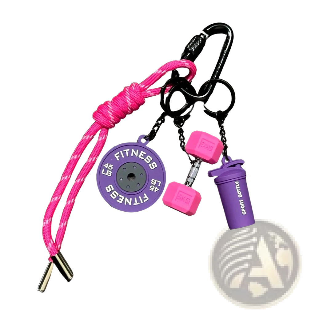 Fitness keychain dumbbell gym bag charm with pink and purple braided cord weight plate dumbbell and shaker bottle charms