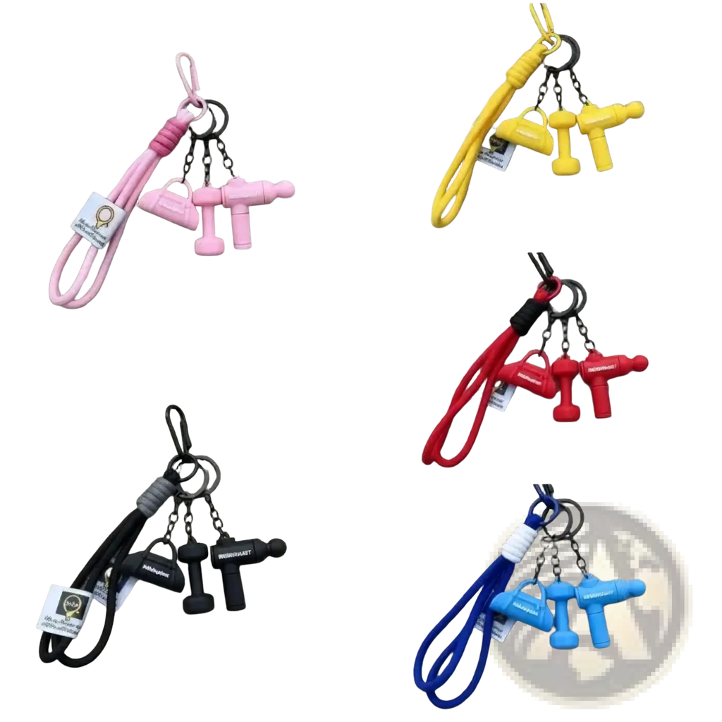 Fitness keychain dumbbell gym bag charm featuring pink yellow red black and blue silicone miniature dumbbell and handbag charms
