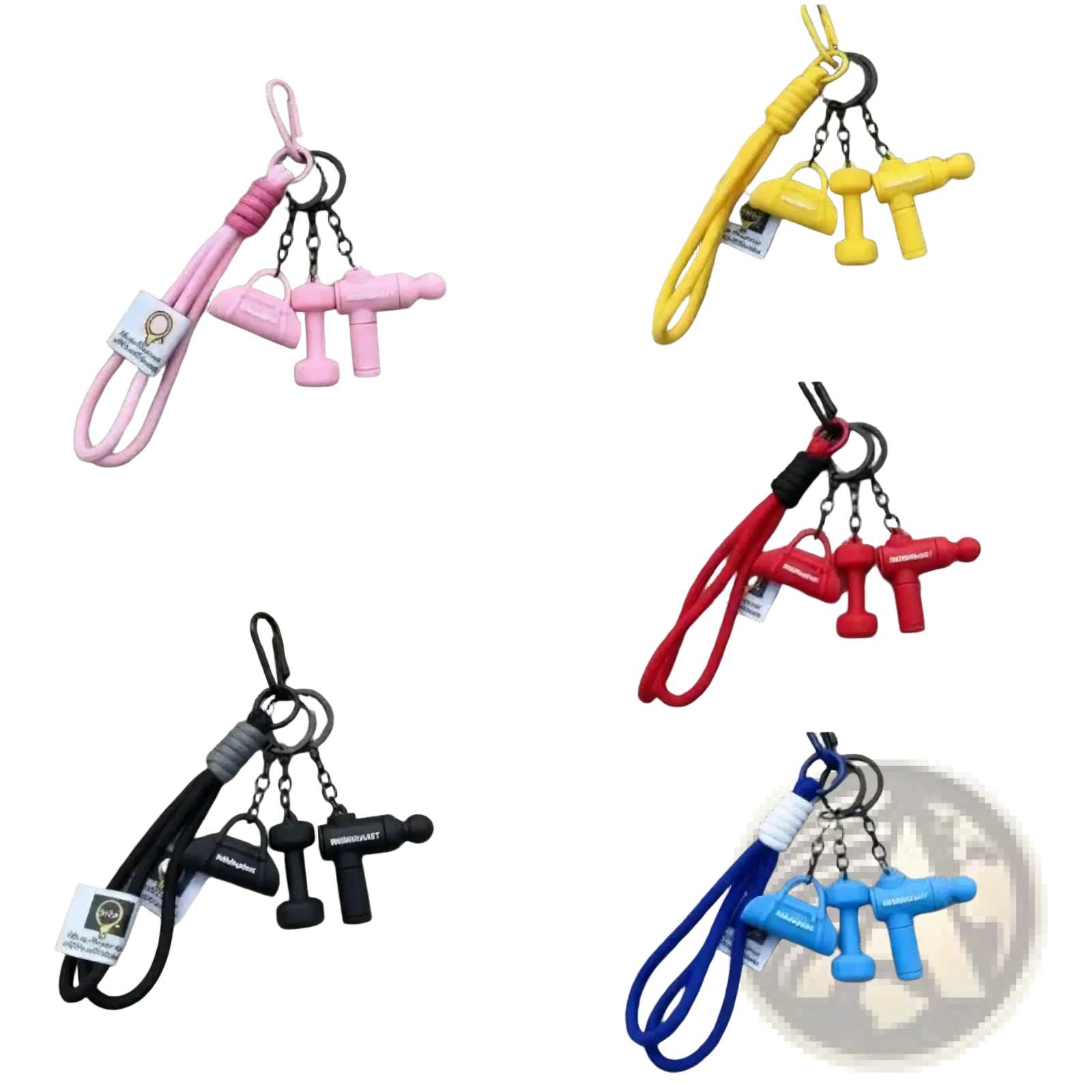 Fitness keychain dumbbell gym bag charm featuring pink yellow red black and blue silicone miniature dumbbell and handbag charms