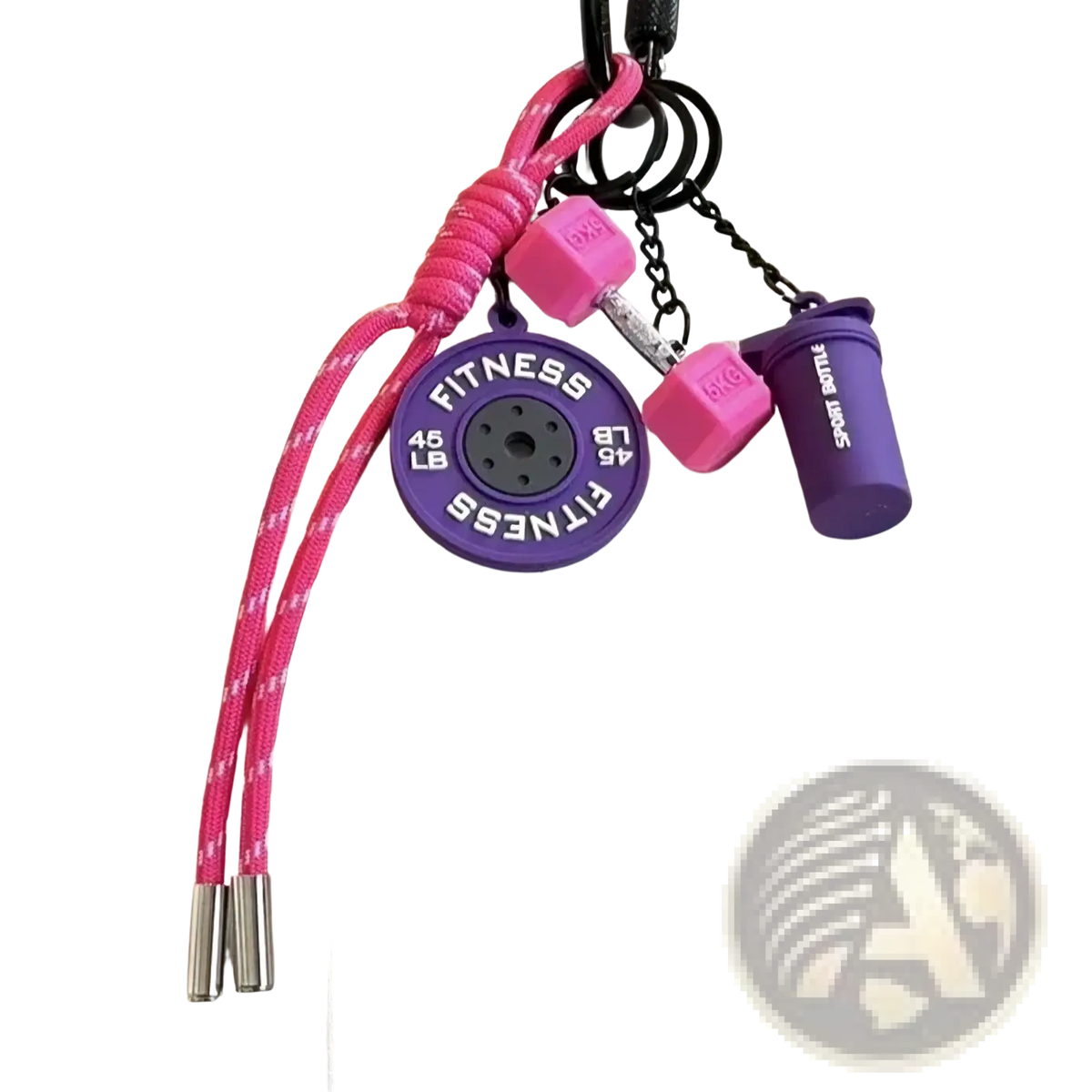 Fitness keychain dumbbell gym bag charm with purple and pink circular weight plate and shaker bottle charms