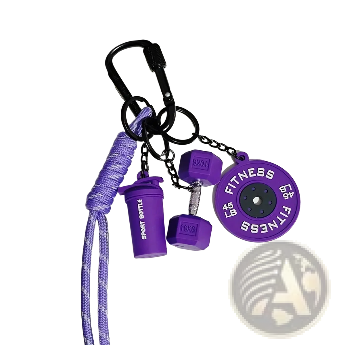 Purple fitness keychain featuring dumbbell weight plate and shaker bottle charms for gym bag accessories