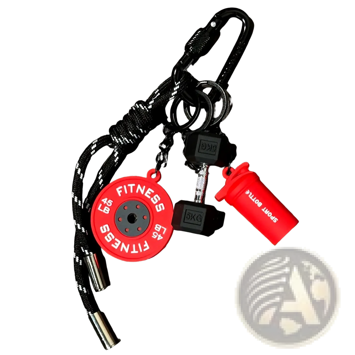 Red and black fitness keychain featuring circular weight plate dumbbell and shaker bottle charms for gym bag use