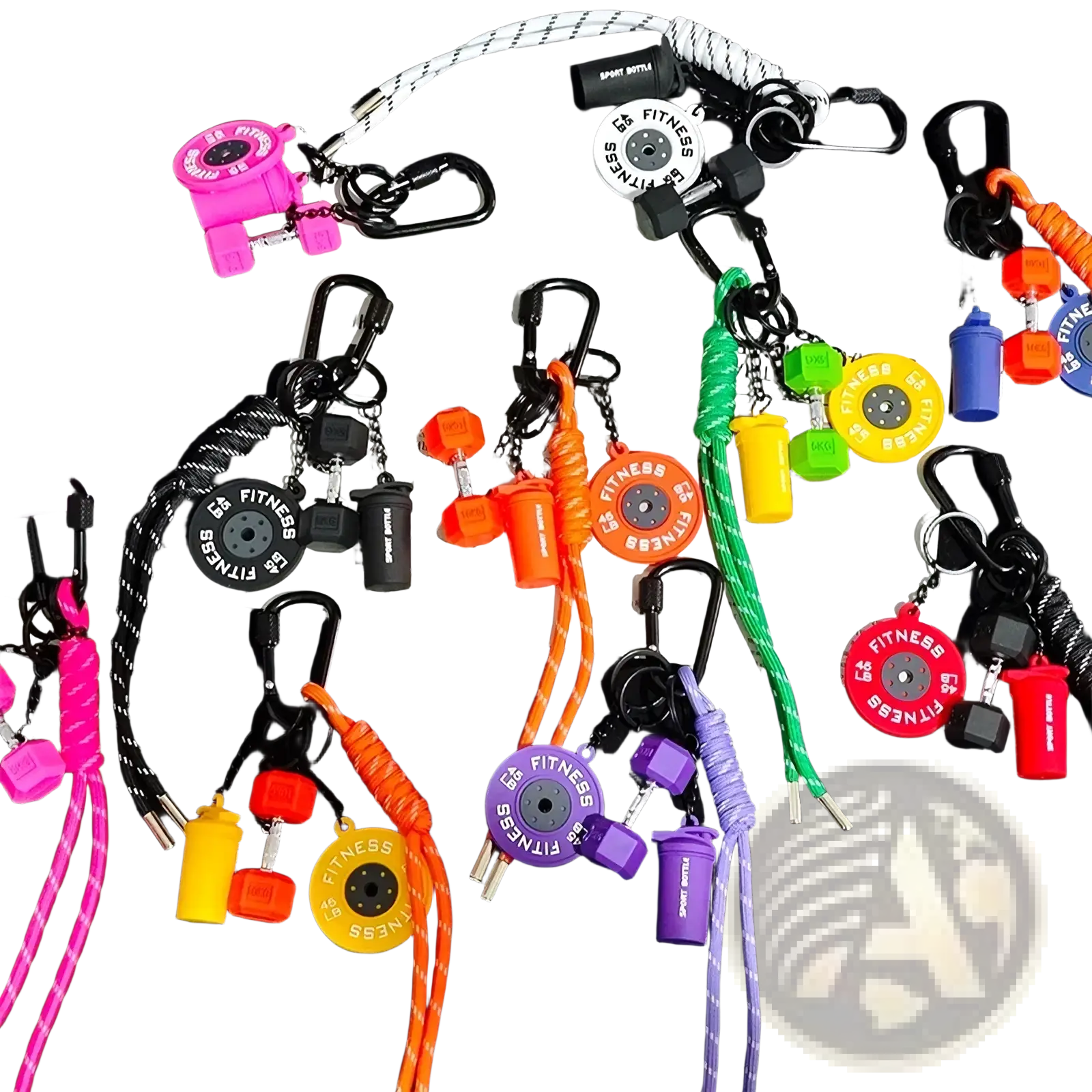 A vibrant fitness keychain featuring colorful silicone dumbbell and weight plate charms on braided cords