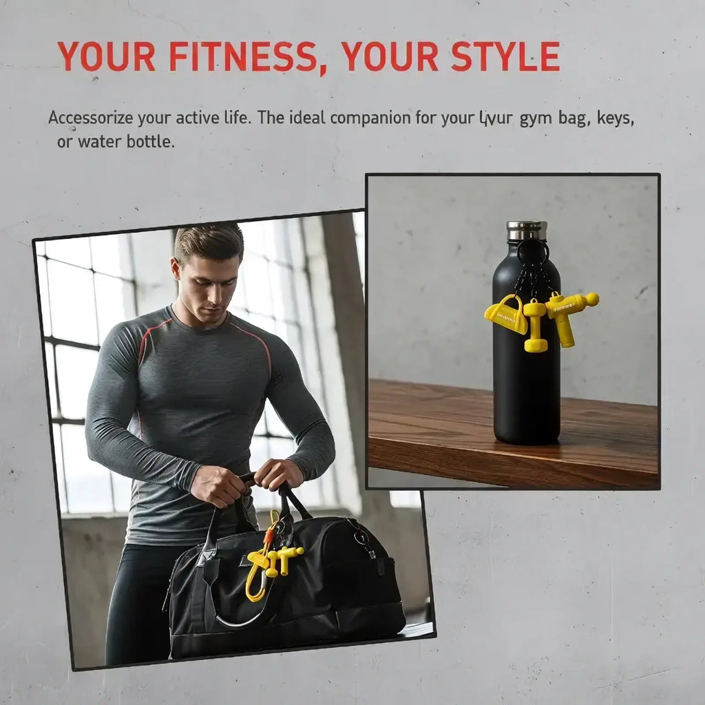 Yellow dumbbell-shaped fitness keychain made of durable material attached to a black water bottle for gym bag charm