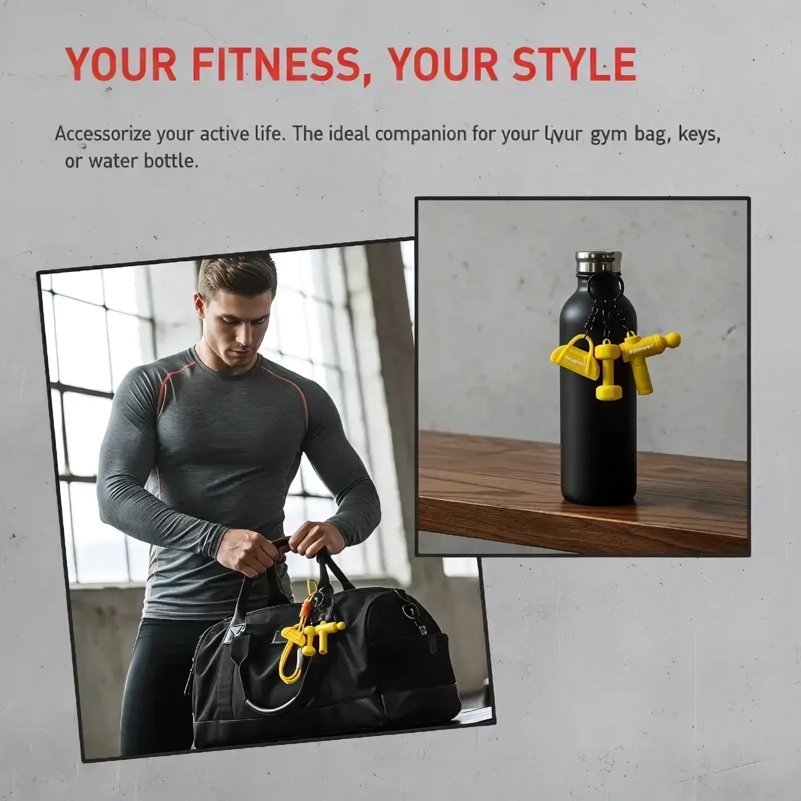 Yellow dumbbell-shaped fitness keychain made of durable material attached to a black water bottle for gym bag charm