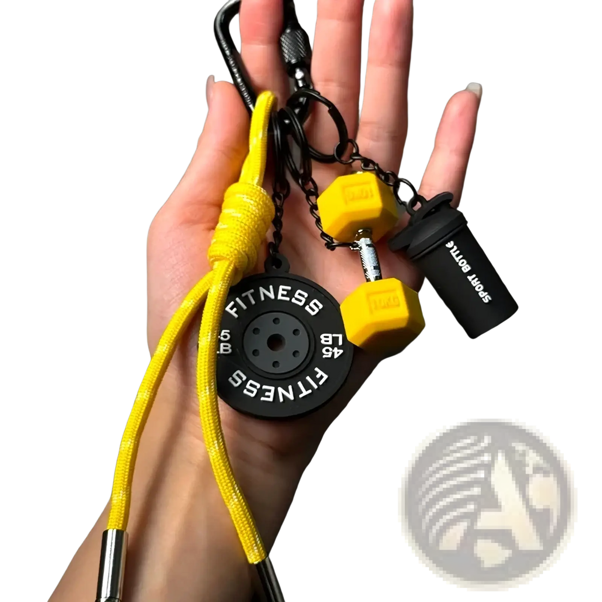 Yellow and black fitness keychain featuring a 45 lb weight plate, dumbbells, and sport bottle gym bag charm