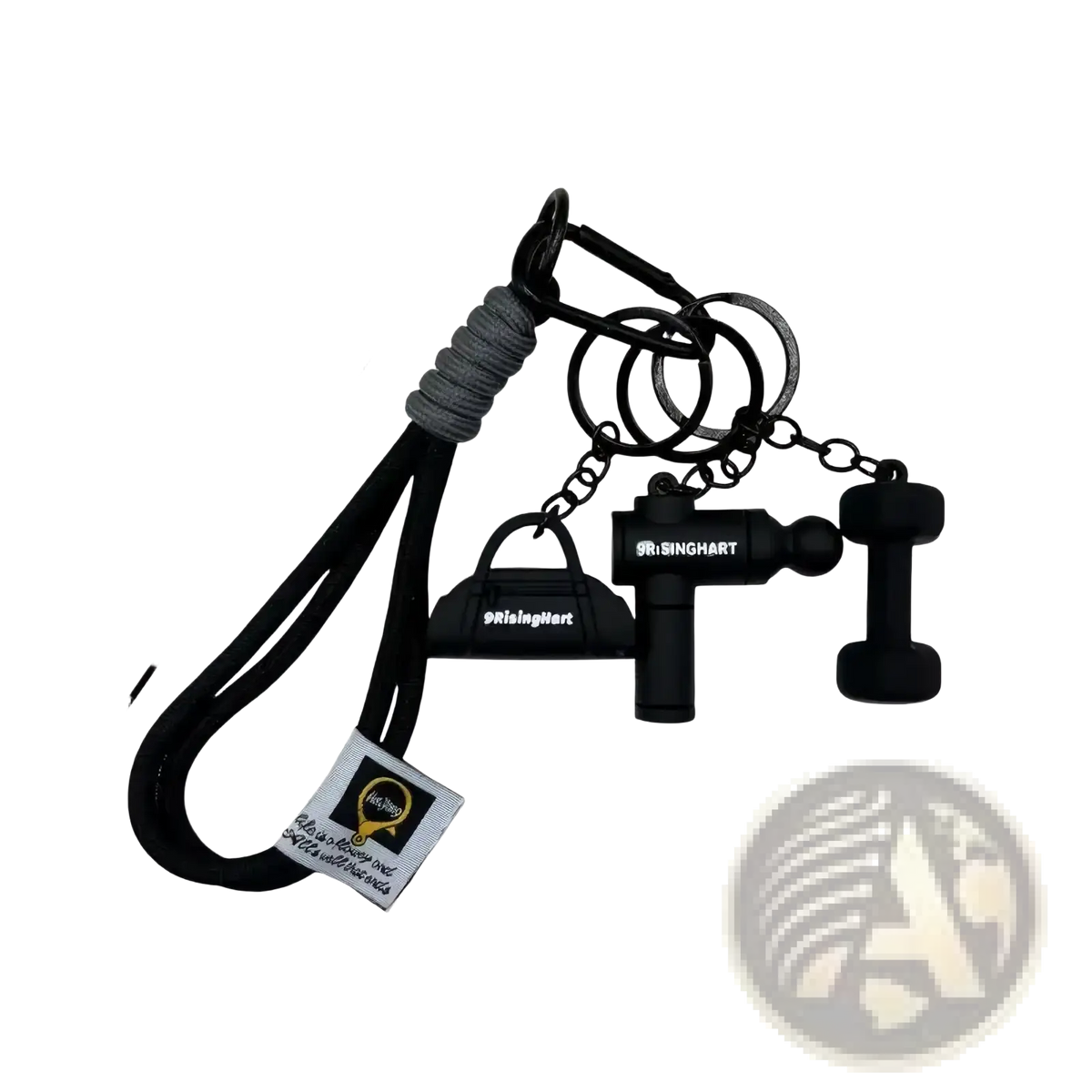 Black silicone fitness keychain with dumbbell, weight plate, and massage gun charm on gray braided cord for gym bags