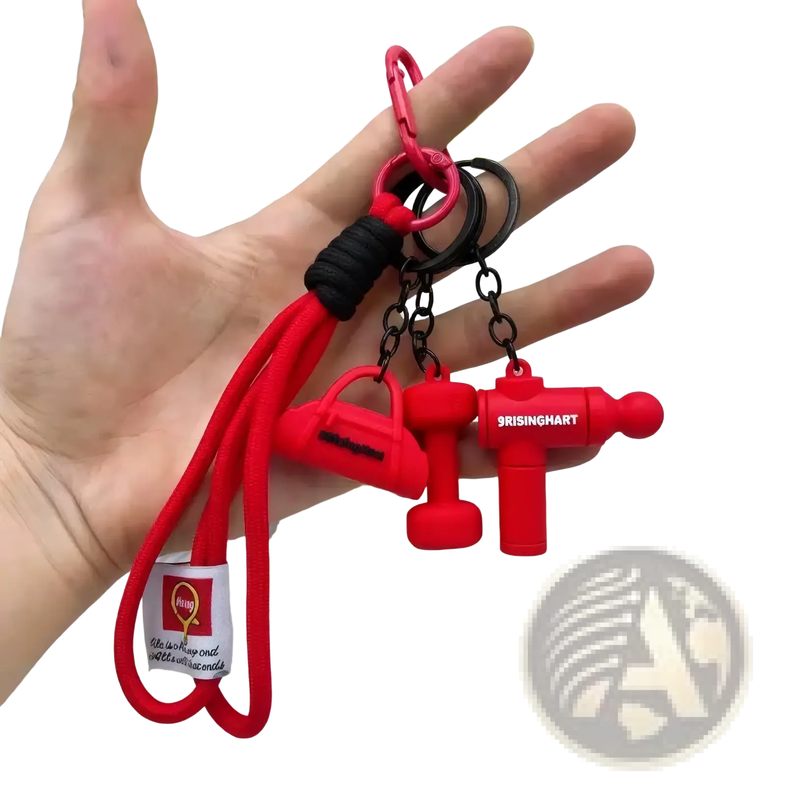 Red silicone fitness keychain with black braided cord and three gym bag themed charms including handbag dumbbell and usb drive