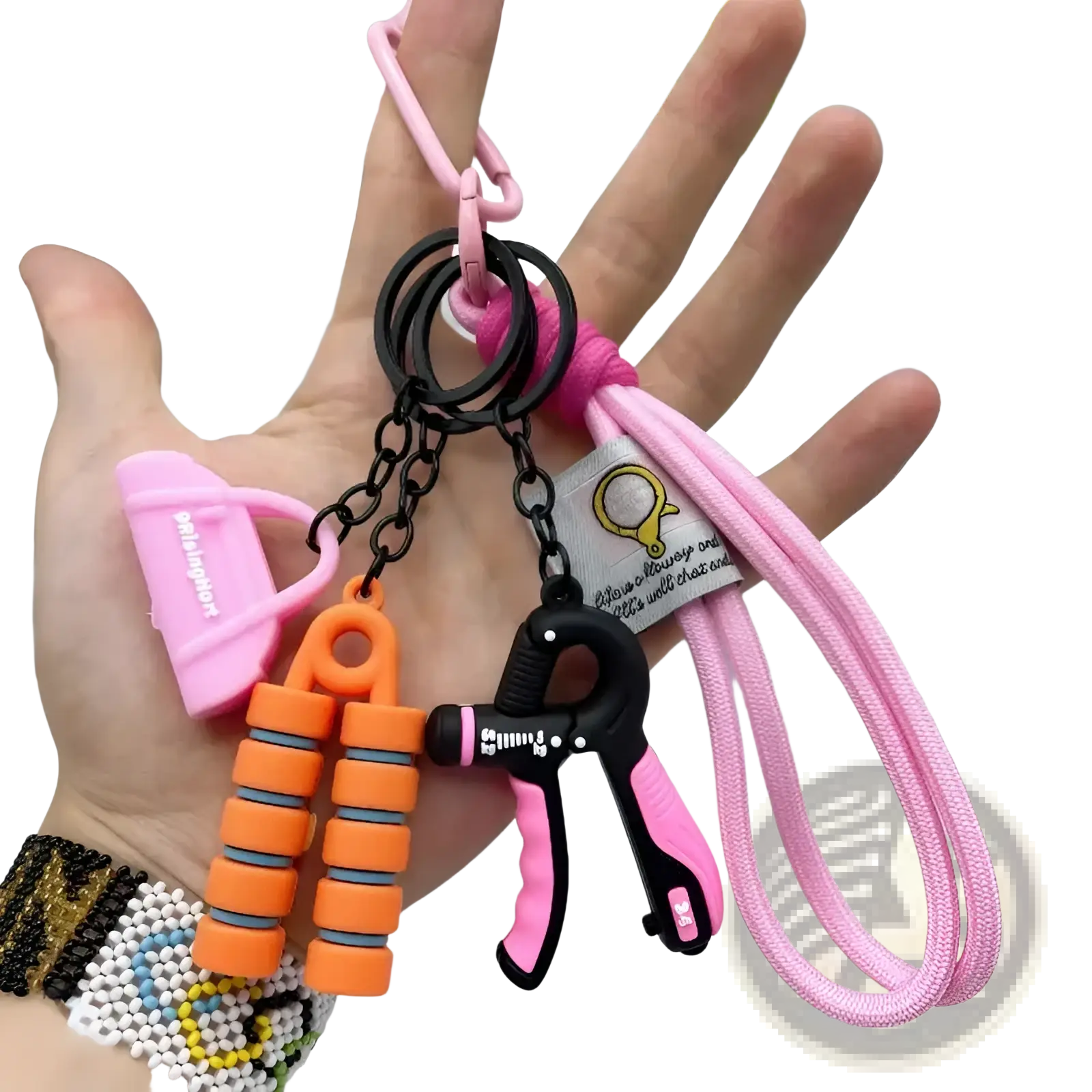 Fitness keychain mini gym equipment bag pendant with pink and black hand grip exerciser and orange resistance bands