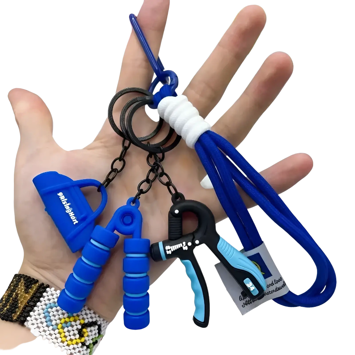 Blue and black hand grip keychain set with silicone handles and carabiner clip fitness keychain mini gym equipment pendant