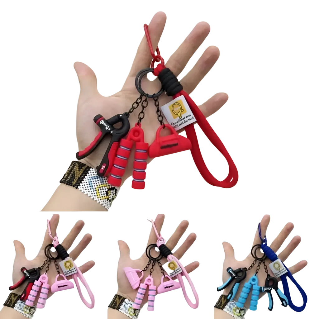 A colorful silicone fitness keychain mini gym equipment bag pendant with red pink and blue miniature charms