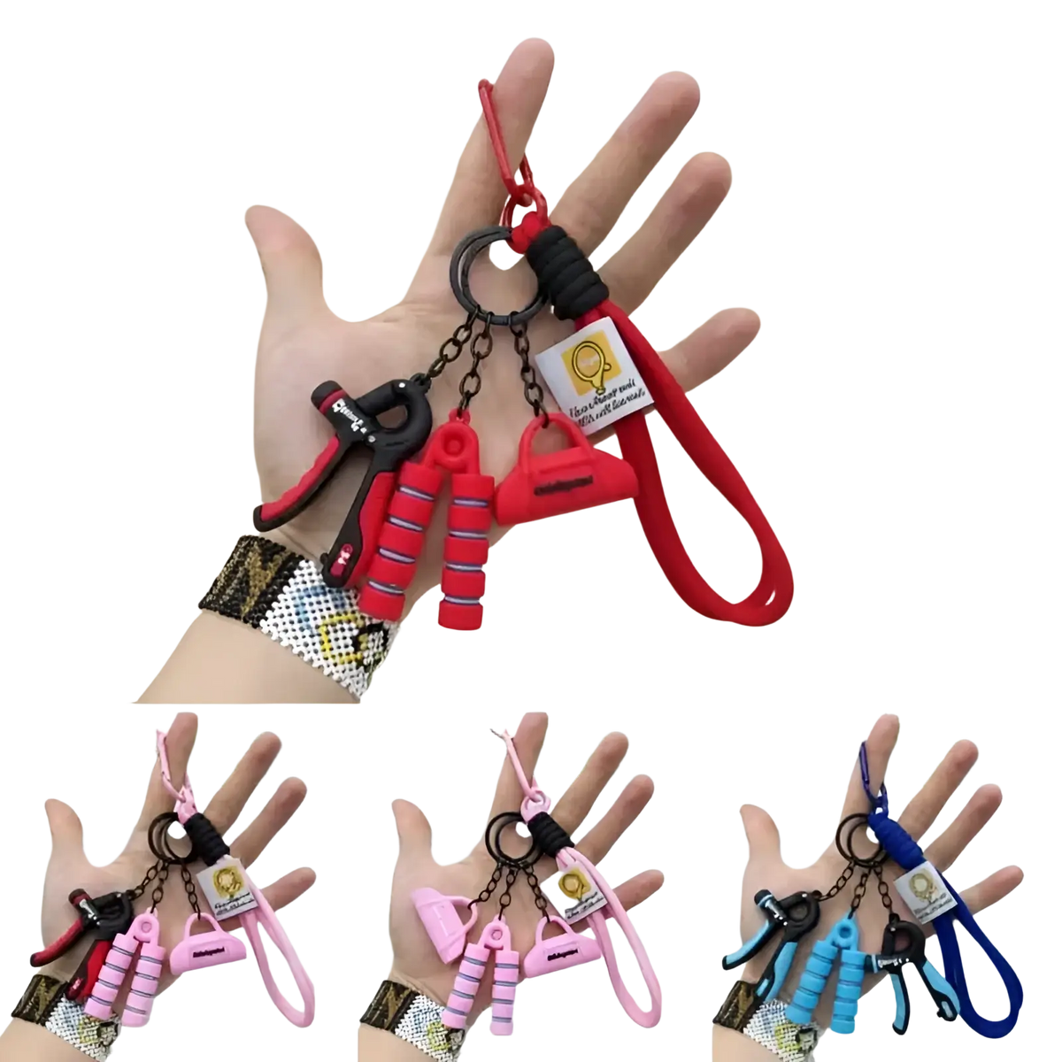 A colorful silicone fitness keychain mini gym equipment bag pendant with red pink and blue miniature charms