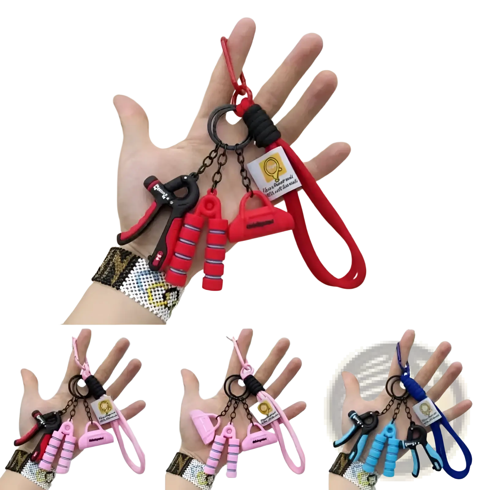 A colorful silicone fitness keychain mini gym equipment bag pendant with red pink and blue miniature charms