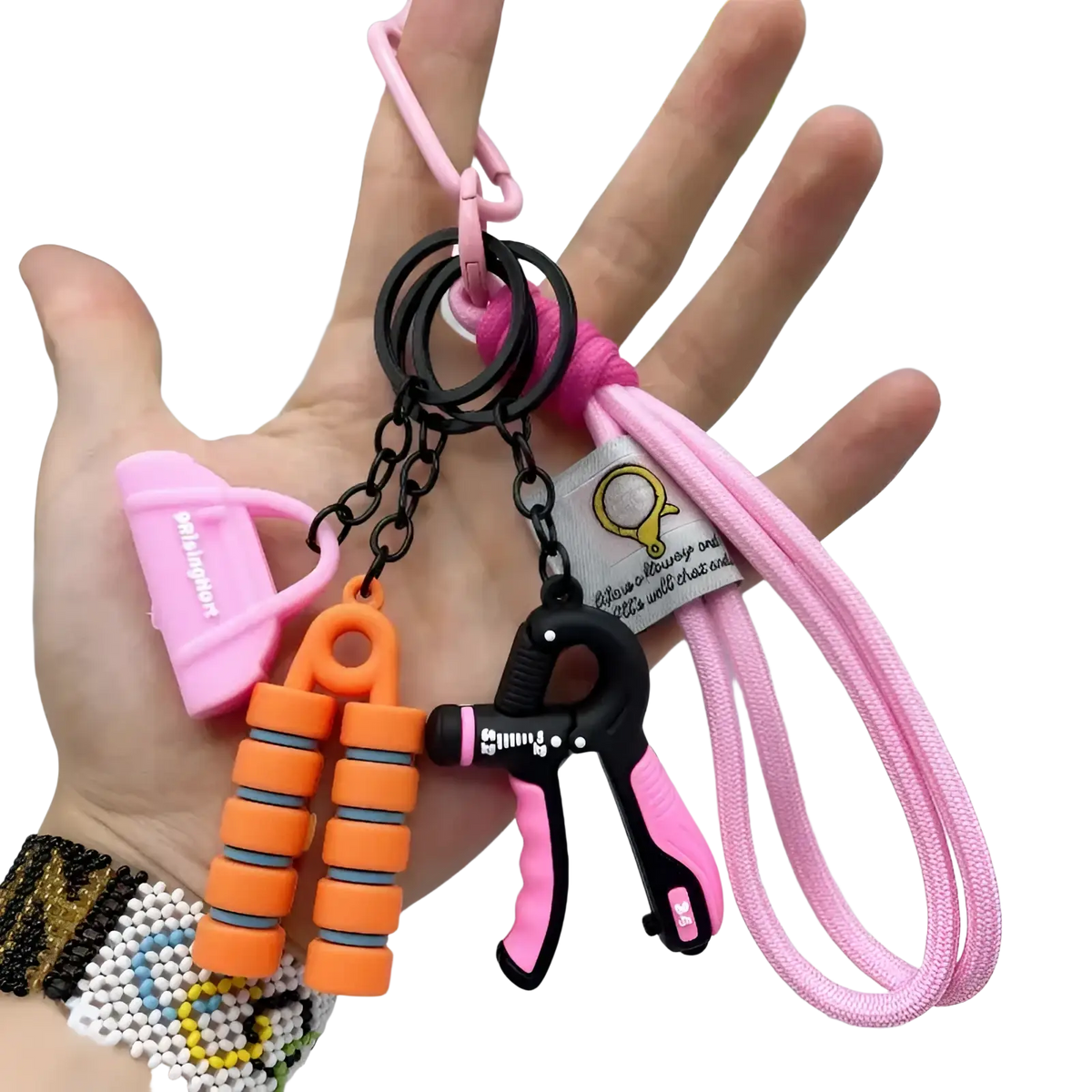 Fitness keychain mini gym equipment bag pendant with pink and black hand grip exerciser and orange resistance bands