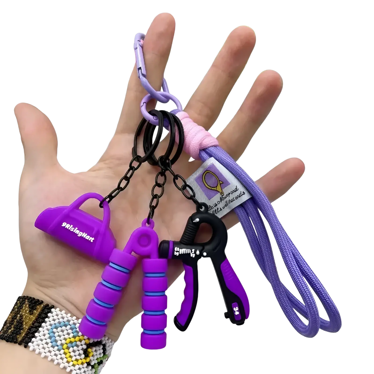 Fitness keychain mini gym equipment bag pendant featuring a purple and black hand grip strengthener with lavender lanyard