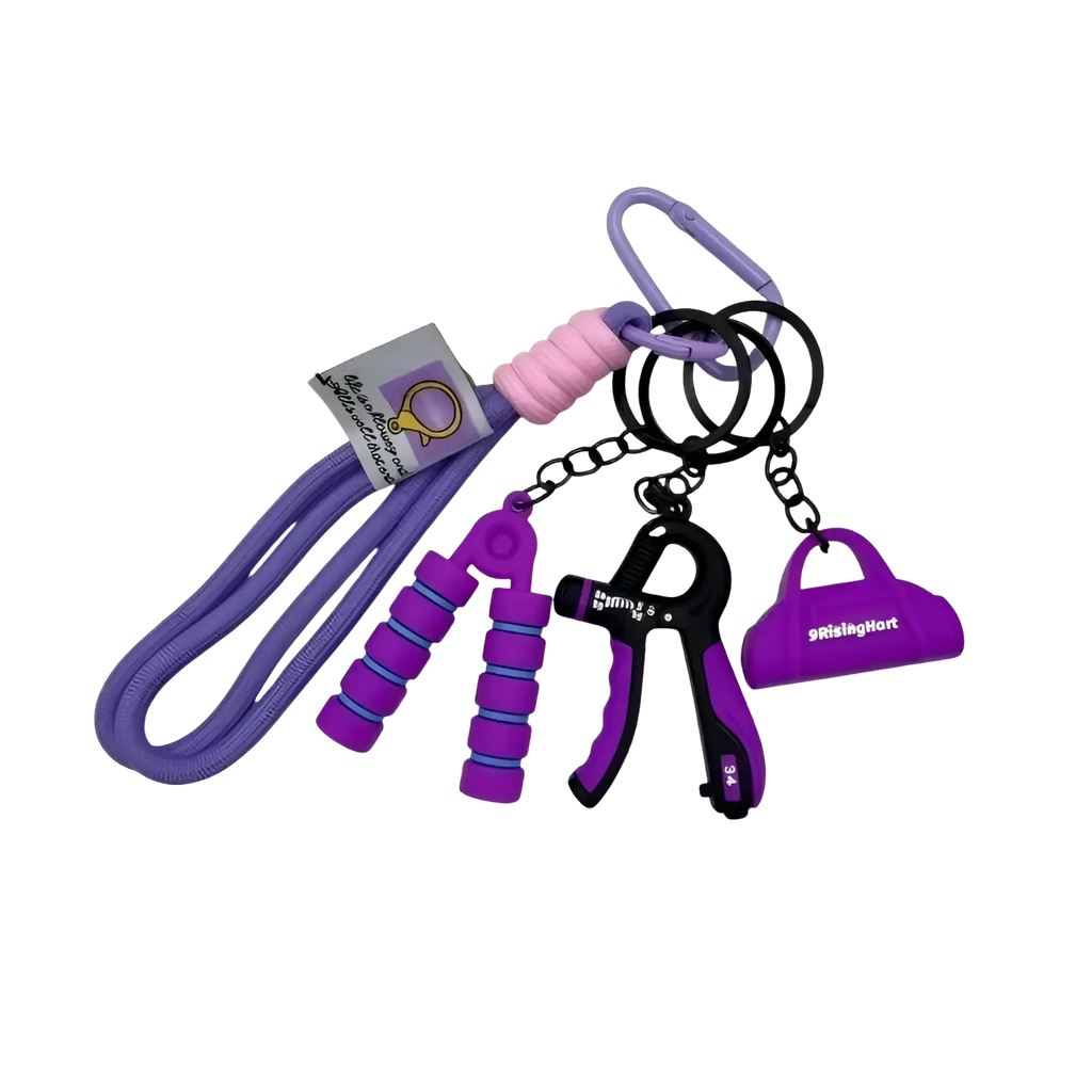 Fitness keychain mini gym equipment bag pendant with purple black hand grip pink textured silicone handle and purse charm