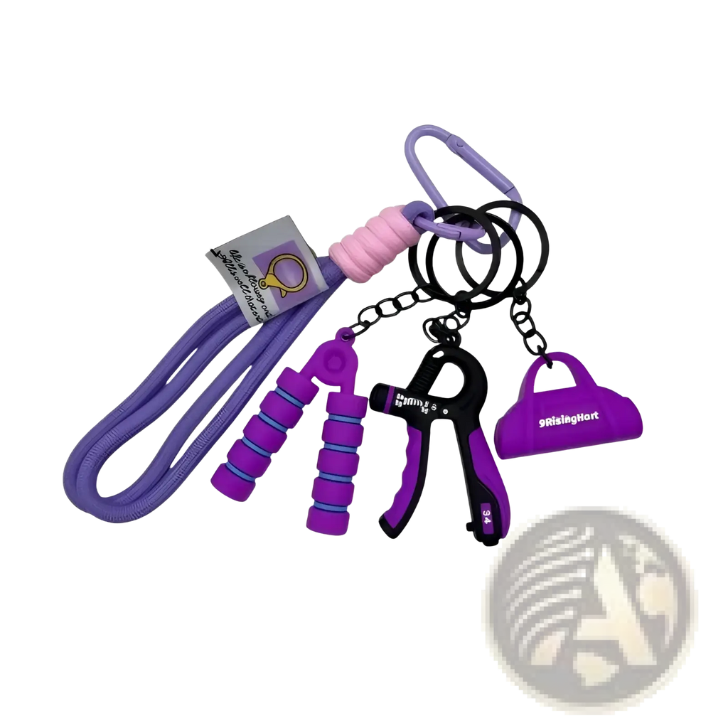 Fitness keychain mini gym equipment bag pendant with purple black hand grip pink textured silicone handle and purse charm