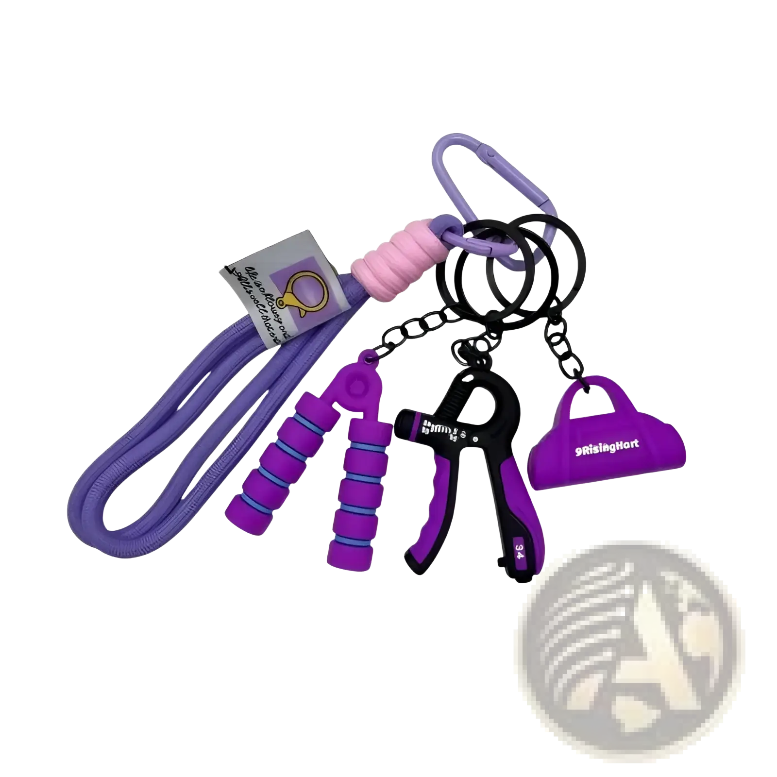 Fitness keychain mini gym equipment bag pendant with purple black hand grip pink textured silicone handle and purse charm