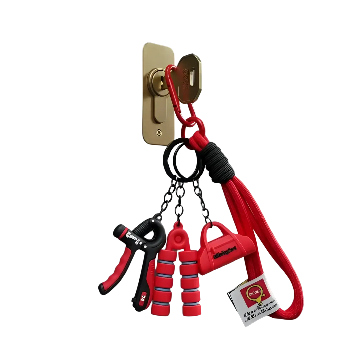 Red and black fitness keychain mini gym equipment bag pendant with hand grip exerciser jump rope handles and carabiner clip