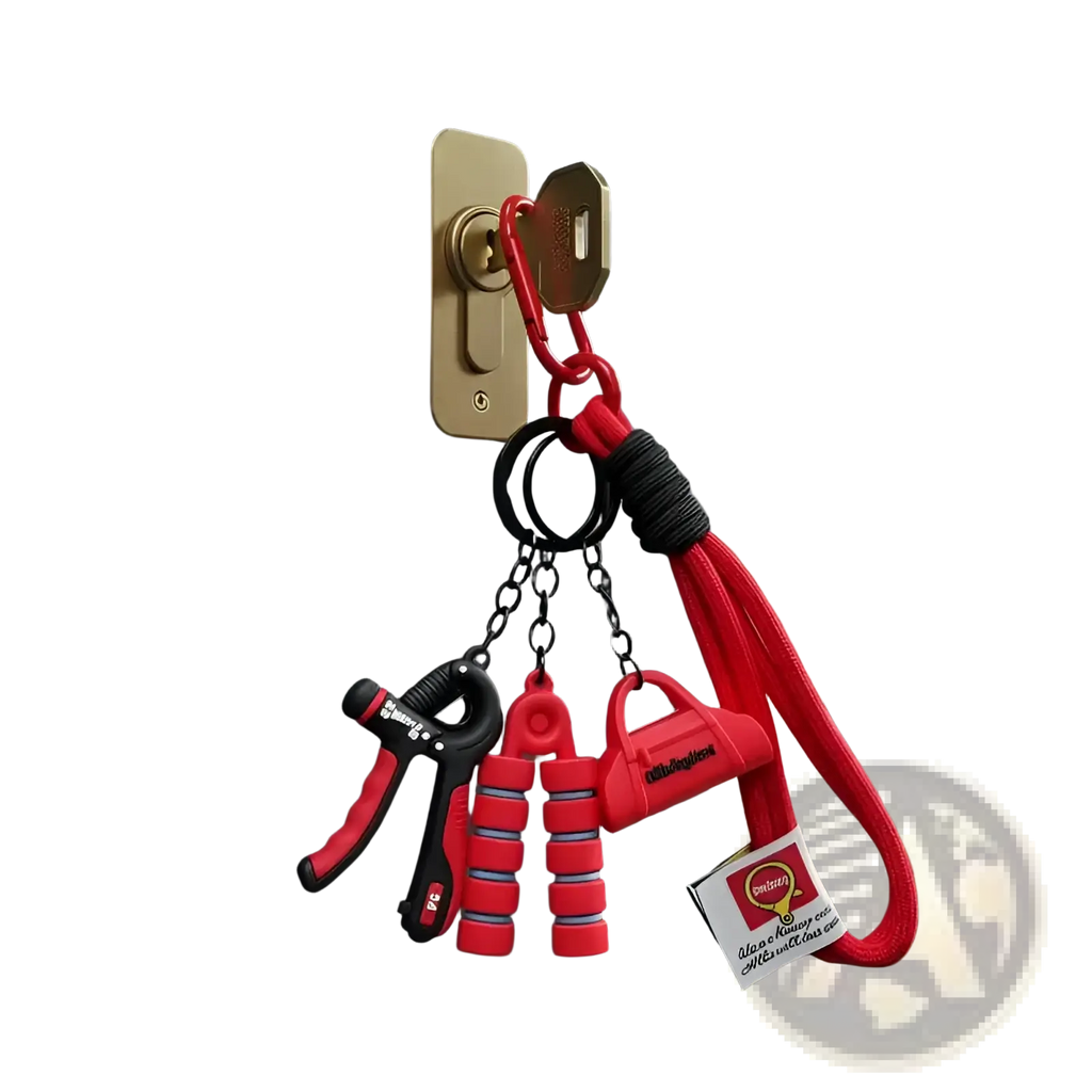 Red and black fitness keychain mini gym equipment bag pendant with hand grip exerciser jump rope handles and carabiner clip