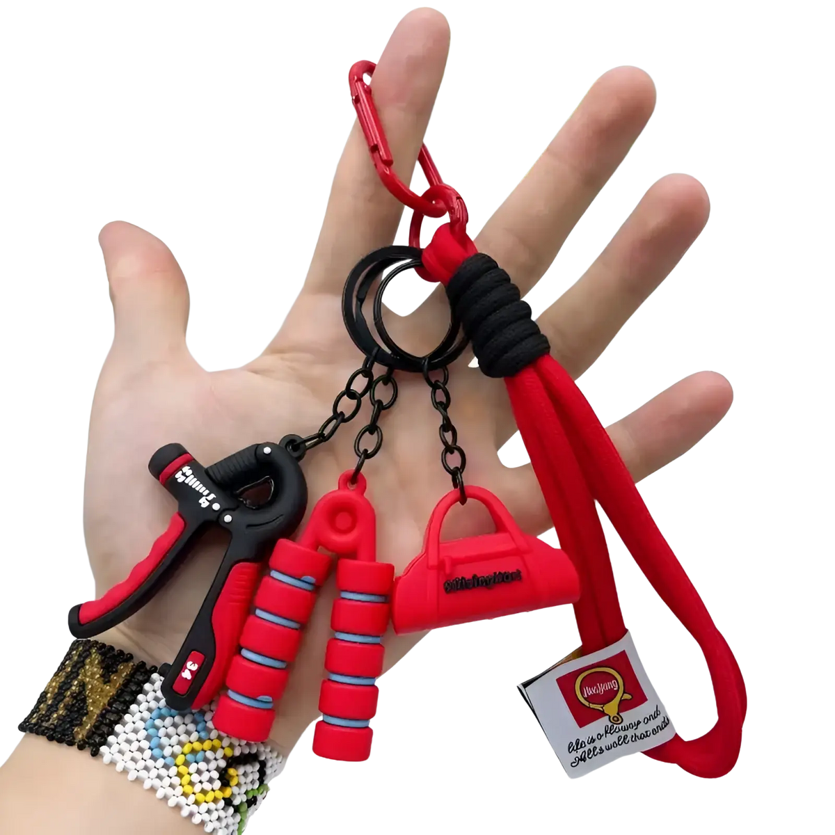 Red and black silicone fitness keychain featuring miniature hand grips purse and carabiner clip for gym bag pendant