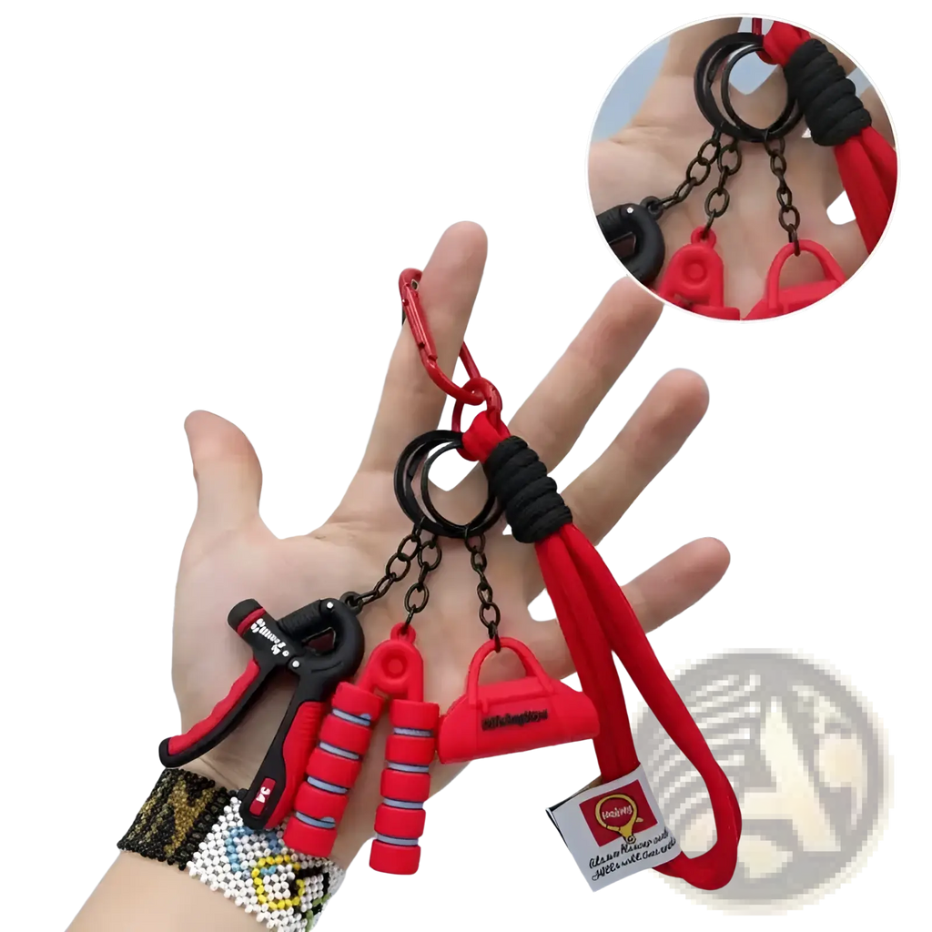 Fitness keychain mini gym equipment bag pendant in red and black featuring miniature hand grippers resistance band loop and charm