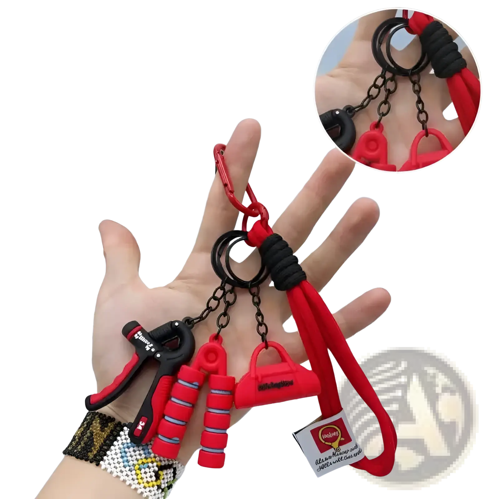 Fitness keychain mini gym equipment bag pendant in red and black featuring miniature hand grippers resistance band loop and charm