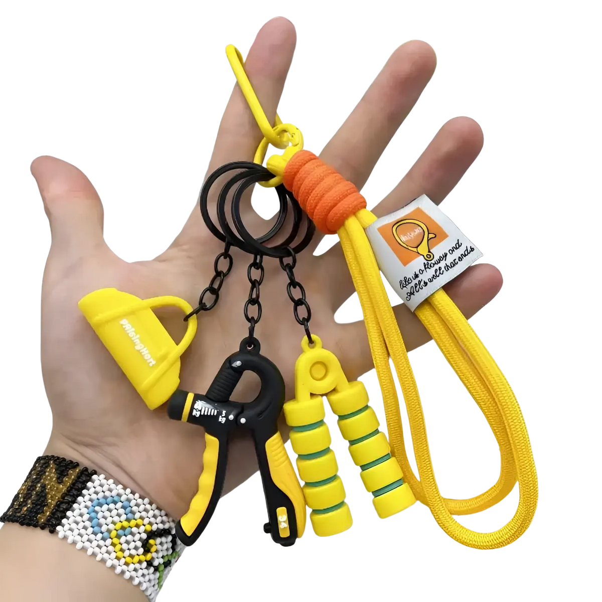 Yellow and black hand grip fitness keychain mini gym equipment set with orange cord loop for bag pendant use