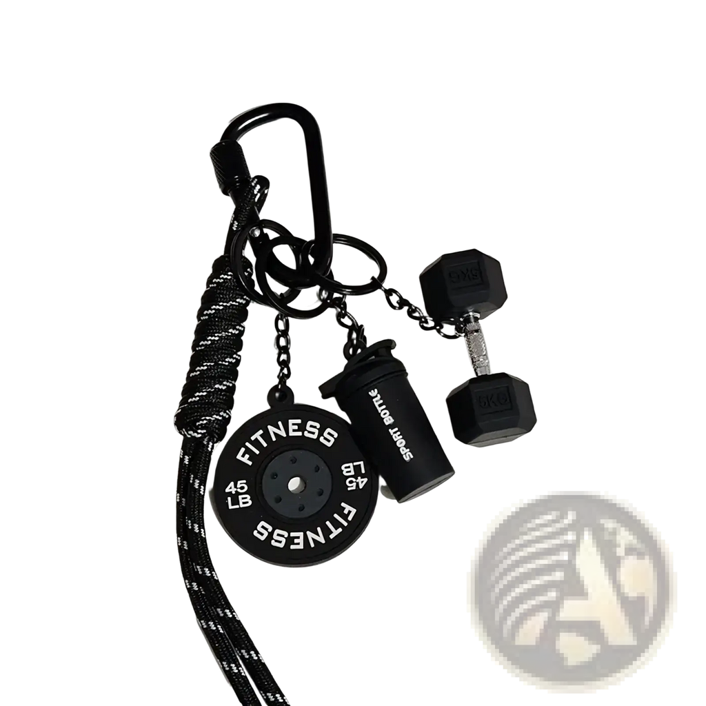 Black fitness keychain with 45 lb weight plate dumbbell and water bottle charms for sports bag gift