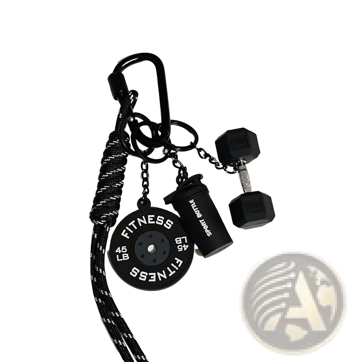 Black fitness keychain with 45 lb weight plate dumbbell and water bottle charms for sports bag gift