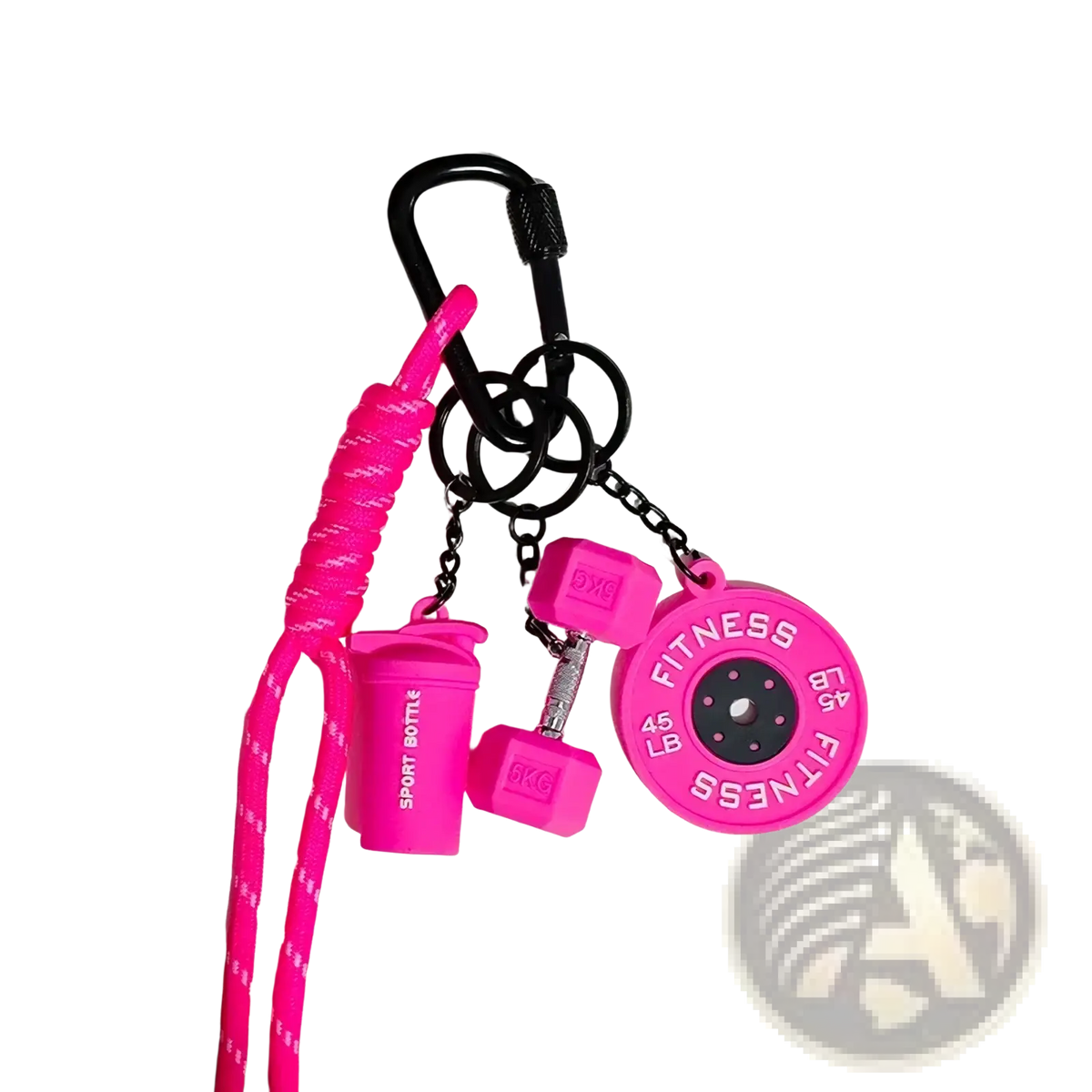 Bright pink silicone fitness keychain with dumbbell weight plate and water bottle charms for sports bag gift