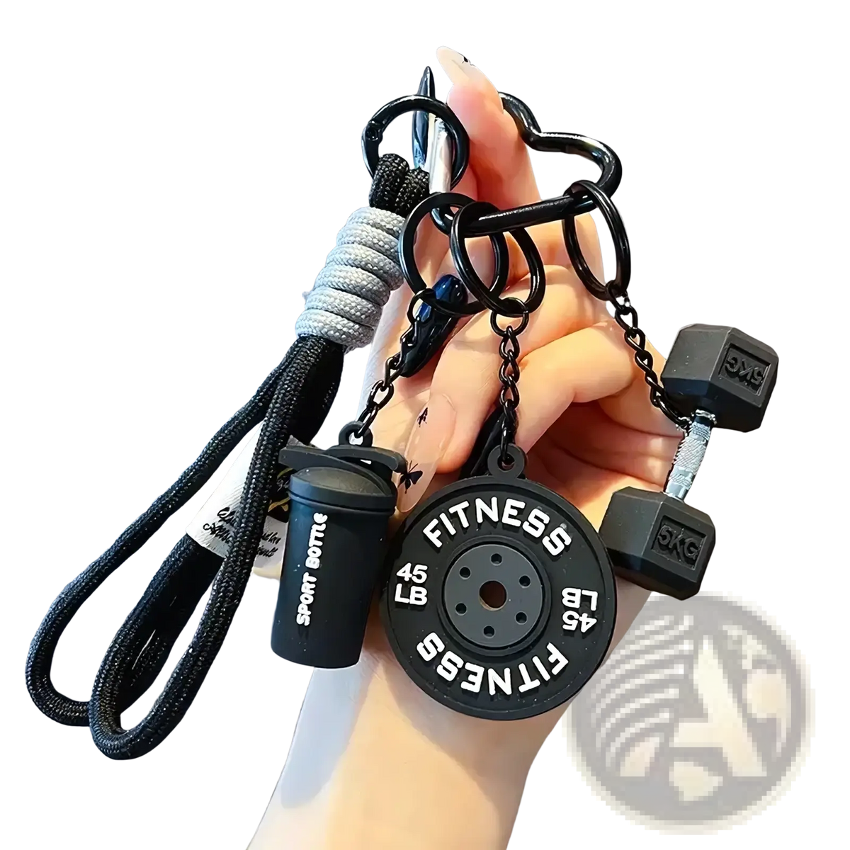 Black fitness keychain featuring a 45 lb weight plate dumbbells and sport bottle charm ideal for gym enthusiasts