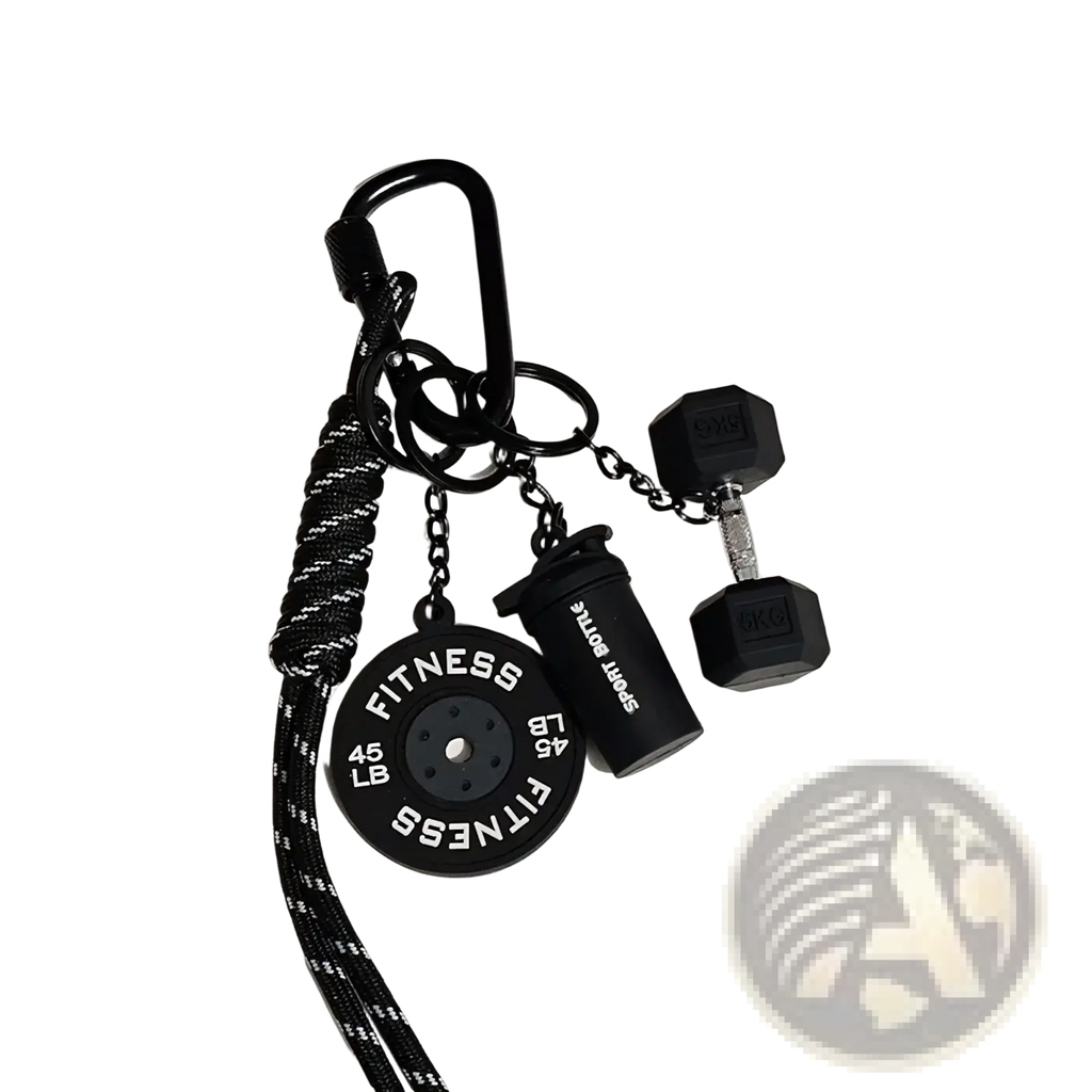 Black fitness keychain with 45 lb weight plate dumbbell and sport bottle charms for shaker gift set
