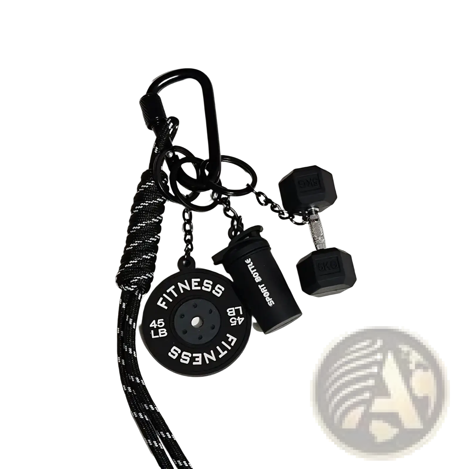 Black fitness keychain featuring 45 lb weight plate dumbbell and shaker charms for workout and gym enthusiasts