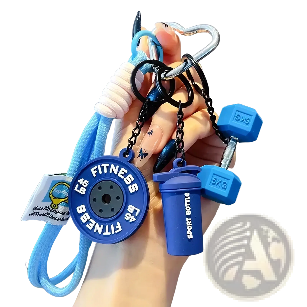 Blue silicone fitness keychain with circular weight plate dumbbell charms and shaker bottle pendant gift accessory