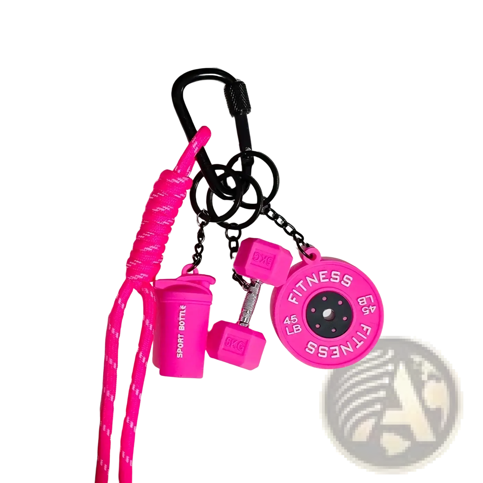 Bright pink silicone fitness keychain with dumbbell weight plate and shaker bottle charms for gym enthusiasts