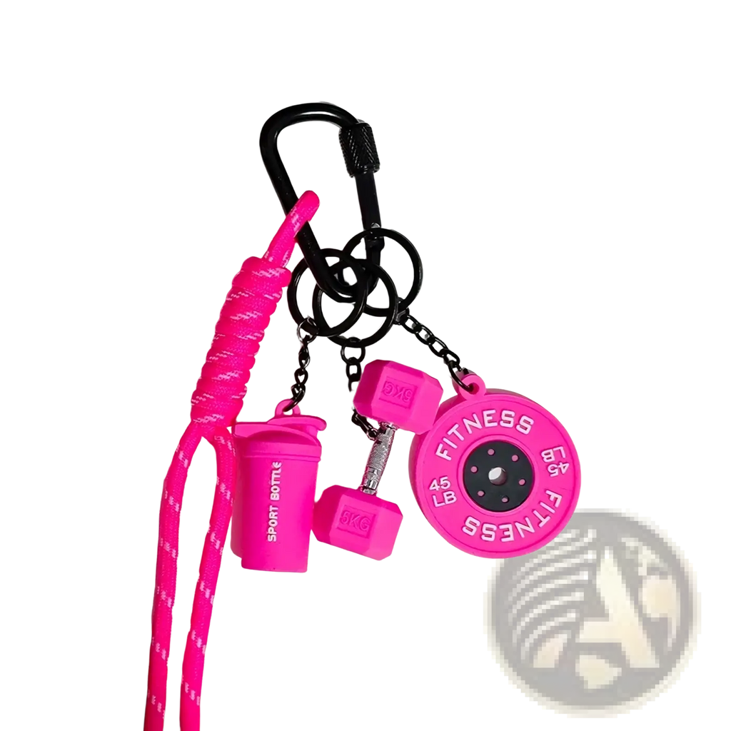 Bright pink silicone fitness keychain with dumbbell weight plate and shaker bottle charms for gym gift
