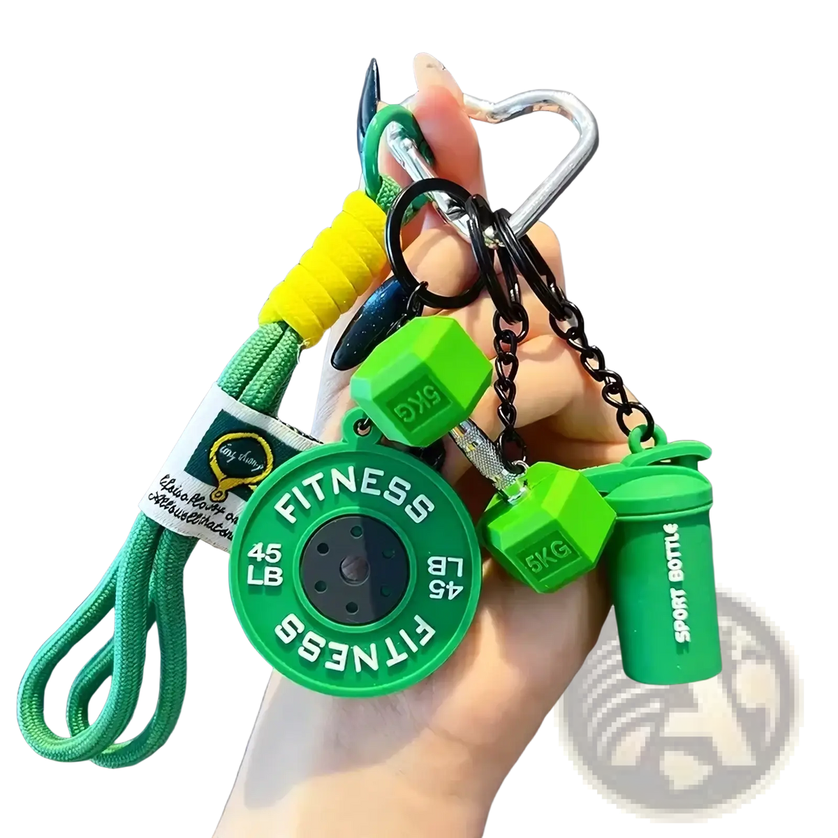Green fitness keychain featuring a circular weight plate, two hexagonal dumbbells, and a sport bottle charm