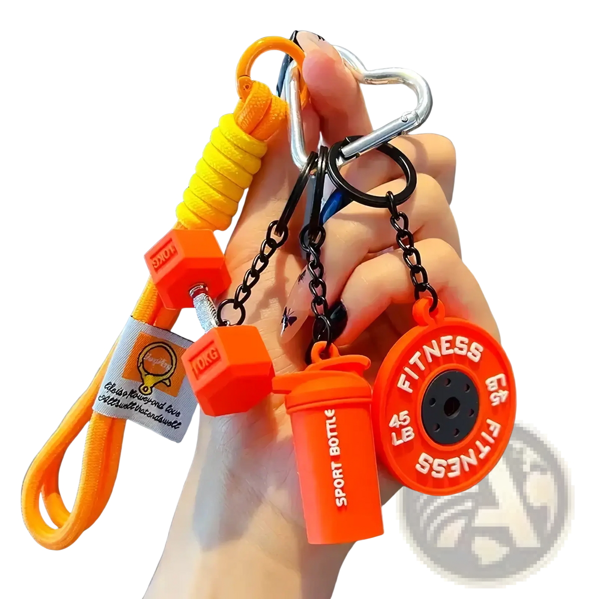 Bright orange silicone fitness keychain set with miniature dumbbell weight plate and shaker charms for workout gifts