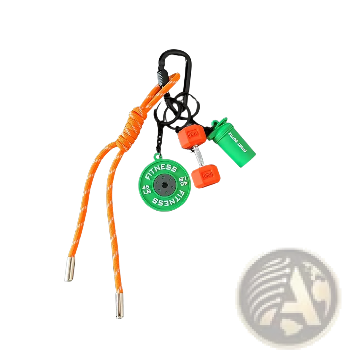 Orange and green fitness keychain with braided cord featuring weight plate charm dumbbell pendant and shaker bottle accessory