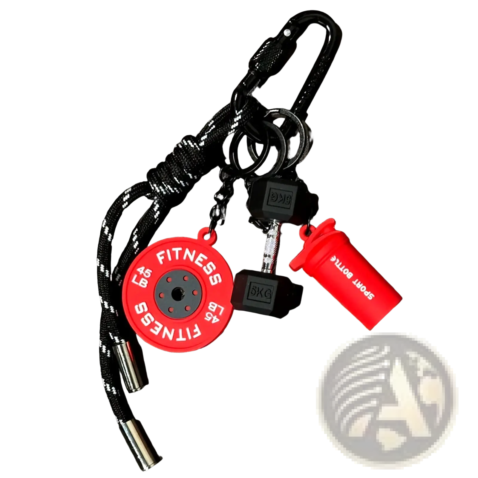 Red and black fitness keychain featuring circular weight plate, miniature dumbbell, and shaker bottle charms for gym gifts