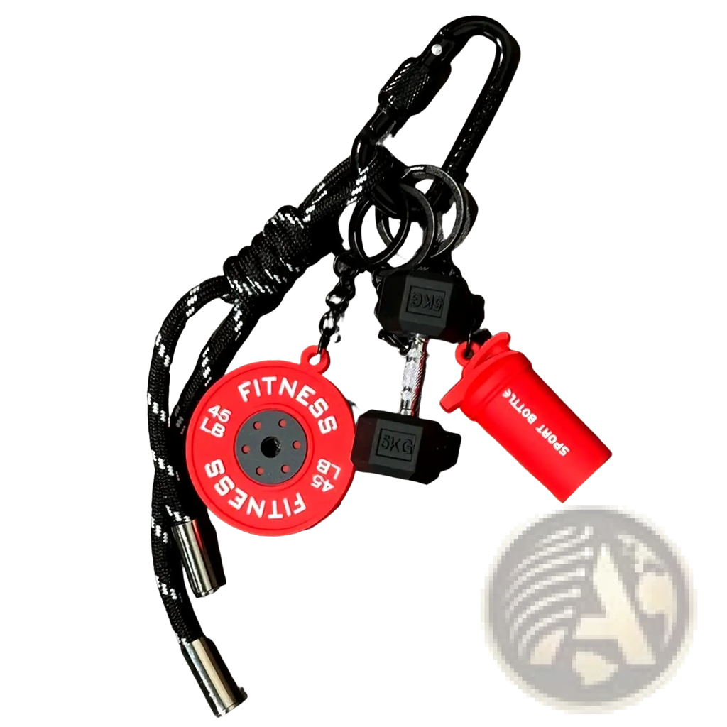 Red and black fitness keychain featuring circular weight plate dumbbell and shaker bottle charms for workout enthusiasts