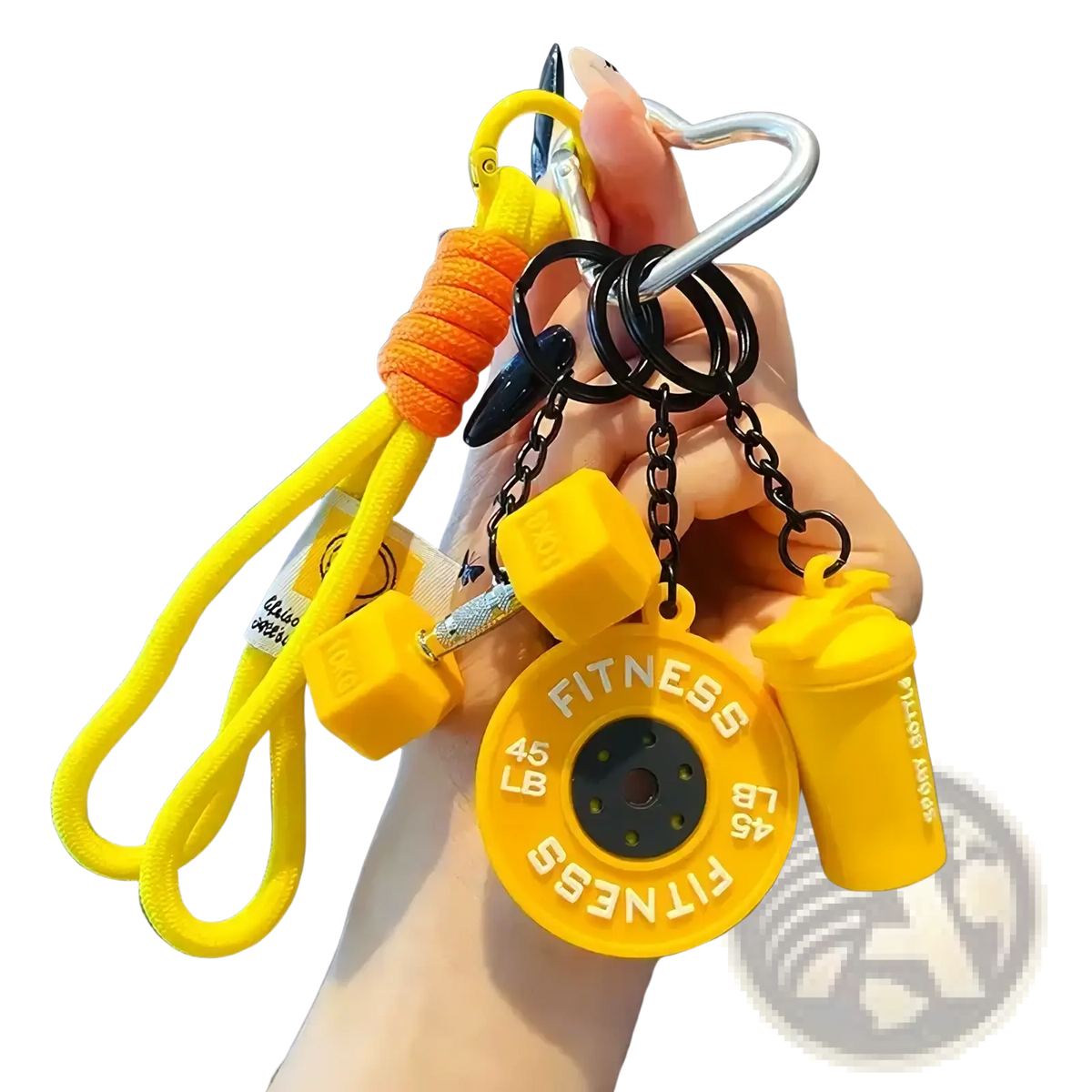 Bright yellow fitness keychain with circular weight plate, dumbbell charms, and shaker water bottle charm