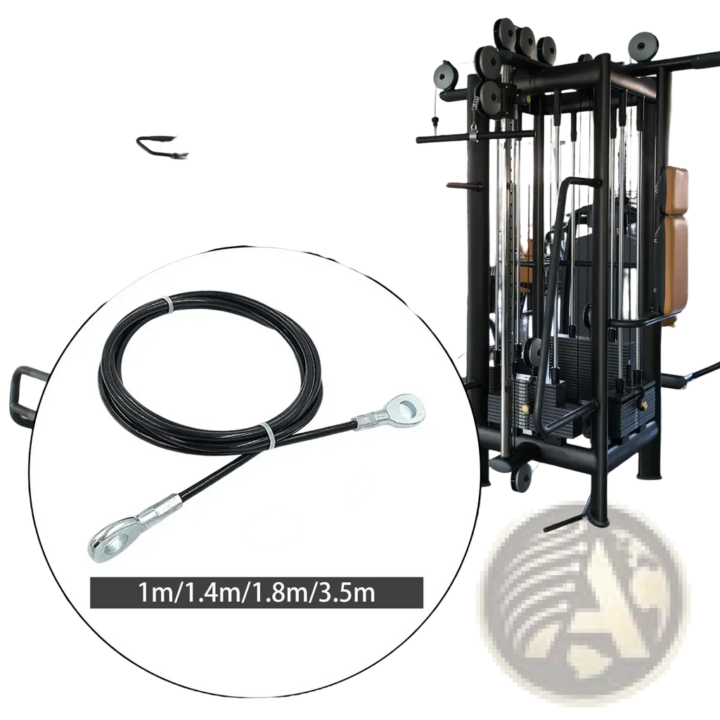 Fitness pulley cable replacement wire rope in black with silver metal ends coiled in a circular inset